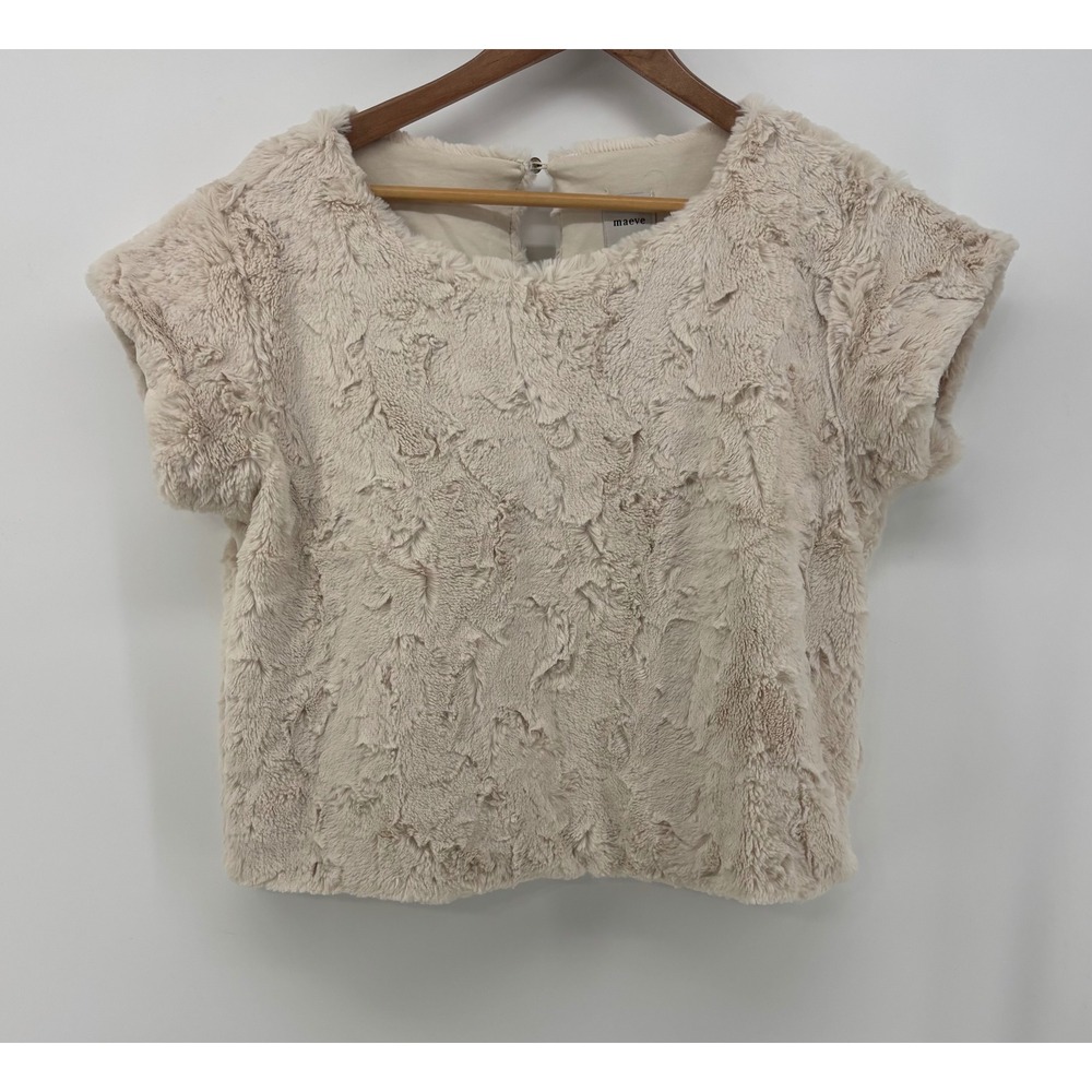 Maeve Anthropologie Faux Fur Top Womens XS Cream Textured Cap Sleeve Boxy